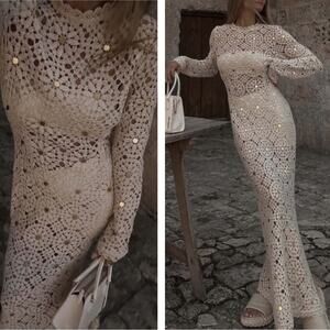 IXIAH Utopia Crochet Sequin Embellished Long Sleeve Sheer Midi Dress Size 4